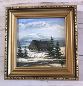 Roman Bartik miniatura piccolo dipinto ad olio casa di campagna paesaggio di montagna 5 1/4" - Foto 1 di 7