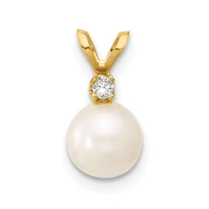 14k Yellow Gold 6-7mm Round White Freshwater Cultured Pearl Diamond Pendant - Picture 1 of 4