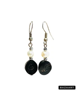 Vintage Freshwater Baroque Pearl & Black Shell Earrings Handmade Drop Dangle - Picture 1 of 24