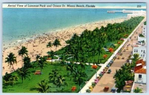 POSTAL DE LINO VINTAGE AÑOS 40-50 VISTA AÉREA LUMMUS PARK OCÉANO MIAMI FLORIDA FL - Imagen 1 de 2