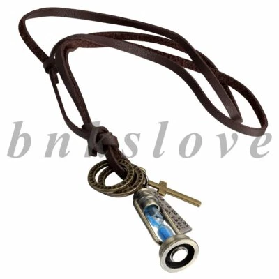Men's Vintage Lamp Hourglass Cross Tag Pendant Leather Cord Necklace Adjustable - Image 1 of 4
