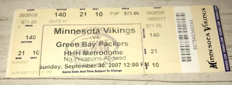 9/30/07 Vikings / Packers Metrodome Favre 2x Record TDs 421 422 Full Ticket Stub Cover