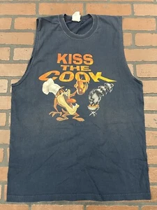 Vintage Looney Tunes Tank Top Taz “KISS The Cook” Y2K 2000 Black Large - Picture 1 of 5