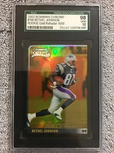 Bowman 2003 cromado Bethel Johnson novato radiocontrol refractor dorado #/50 Patriots Gem 10 - Imagen 1 de 4