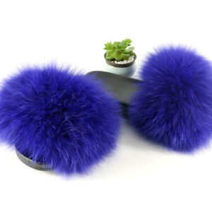 Women Fluffy Real Fox Fur Slipper Luxury Summer Slides Flat Sandal Indoor Shoes