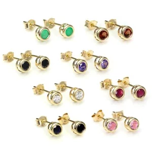 9ct Gold 4mm Round Rubover Genuine Gemstone & Crystal Stud Earrings - Picture 1 of 9