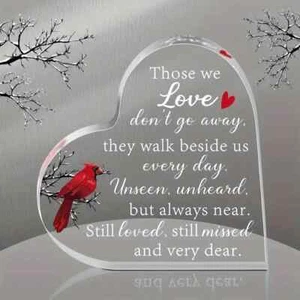 Those We Love Walk Beside Us Cardinal Heart Shaped Acrylic Memorial Plaque - Picture 1 of 3