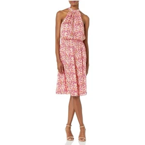 Vestido Trina Turk para mujer L cuello halter línea A hasta la rodilla forrado ojo de cerradura espalda rosa - Imagen 1 de 14