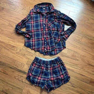 Aerie Blue Red and Yellow Button Up Flannel PJ Long Sleeve Shorts Set Size M/S - Picture 1 of 10