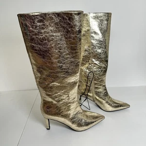 Worthington Gold Crinkle Metallic Stiletto Heel Tall Boots Pointed Toe Concert - Picture 1 of 10