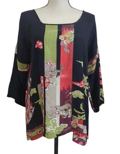 Citron Santa Monica Silk Floral Foo Dog Dragons Embossed Koi Blouse Small - Picture 1 of 7