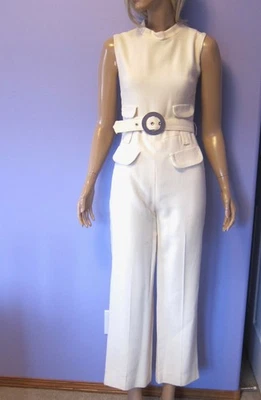Vintage 70s Ivory MOD SLEEVELESS FITTED BELTED RETRO JUMPSUIT BRITISH CHIC GO GO - Image 1 of 4