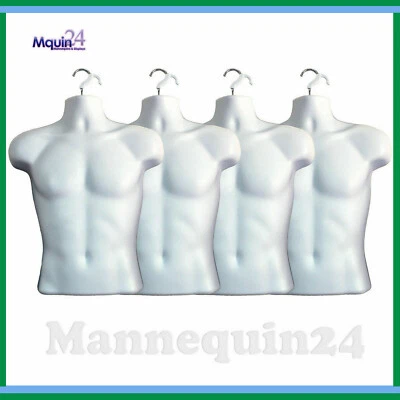 4 Pack Mannequin Torsos White Male Body Forms Hollow Back Hanging Dress Forms - Image 1 of 4