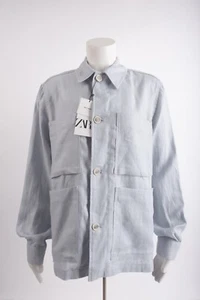 Zara Mens 100% Linen Overshirt Jacket Shacket S Small Light Blue 0706/384 NWT - Picture 1 of 6