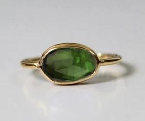 Natural Green Tourmaline Slice Ring October Birthstone Ring -925 Sterling Silver - Picture 1 of 7