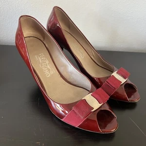 Salvatore Ferragamo Women’s Patent Leather Ribbon Peep Toe Pumps Size 10.5 Red - Picture 1 of 9