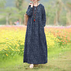 Plus Size Womens Retro Floral Long Sleeve Cotton Dress Kaftan Baggy Maxi Dresses