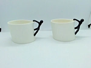 2 Matchart White Mugs with Black Stick Figure/Person Handle - Modernistic - Picture 1 of 12