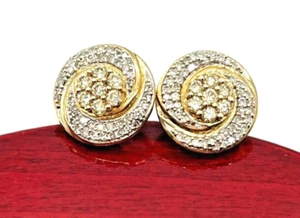 Mens Round Spiral White & Yellow Diamond Earrings 14k Solid Yellow & White Gold - Picture 1 of 8