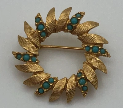 Broche prendedor mini corona vintage Ciner pedrería turquesa tono dorado Foto 1 de 4
