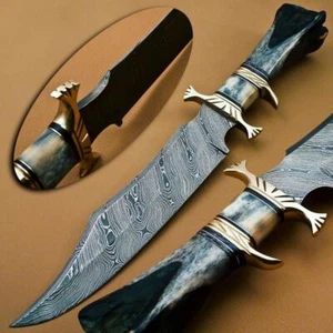 BEAUTIFUL DAMASCUS STEEL HUNTING/ BOWIE/ DAGGER KNIFE NATURAL  BONE HANDLE  - Picture 1 of 12