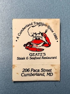 Vintage Geatz's Steak & Seafood Restaurant, 206 Paca St, Cumberland MD Matchbook - Picture 1 of 4