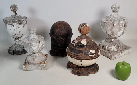 5 Early American Finials Carved Turned Wood Architectural Salvage Newel Post OLD Cover