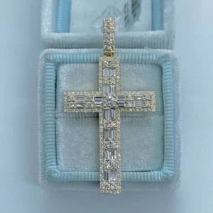 3Ct Baguette Cut Diamond Cross Pendant 925 Sterling Silver Free Chain - Picture 1 of 4