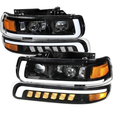 For 99-02 Silverado 00-06 Tahoe Suburban Black LED Headlights +LED Turn Signals - Image 1 of 4