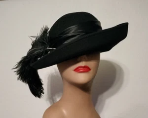 Vintage Black Bowler Wool Hat with Single Black Ostrich Feather - Picture 1 of 12