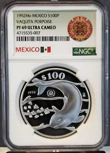 1992 MEXICO SILVER 100 PESOS S100P VAQUITA PORPOISE NGC PF 69 ULTRA CAMEO - Picture 1 of 3