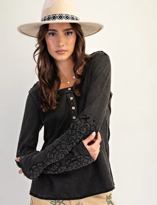 Easel Women's Mineral Washed Crochet Lace Long Sleeve Henley Top in Black - Image 1 of 4
