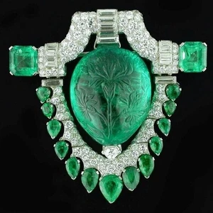 Emerald shield brooch, 1929 Green Carved 925 Sterling Silver CZ Royal Jewelry - Picture 1 of 9