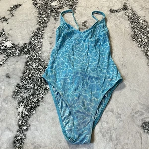Vintage 90s Tan Solar Swimsuit Womens Sz 7/8 Lightweight Blue Pattern Germany - Picture 1 of 6