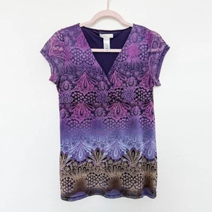 Y2K Lizwear Womens Top Size M Purple Ombre Print V-Neck Size M Boho Fairy Artsy - Picture 1 of 6