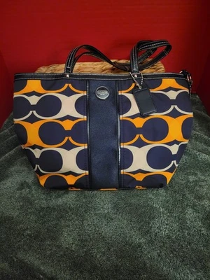 Bolso Coach Azul Marino Naranja Firma Línea Rayas, Auténtico y Vintage. F23908 Foto 1 de 4