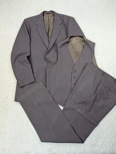 Haggar Suit Mens 44L 33x34 Brown Pinstripe 3 Piece Jacket Vest Pants Vintage USA - Picture 1 of 23