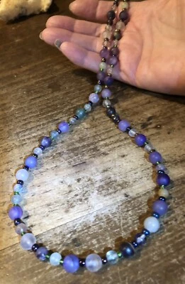Tumbled Stone Beach Necklace in Natural Fluorite & Amethyst, XL 22” - Image 1 of 4