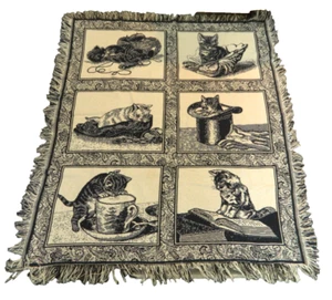 Crown Craft Cute Kitten Tapestry Blanket Blue White Woven Fringe 50 x 58 Vintage - Picture 1 of 21