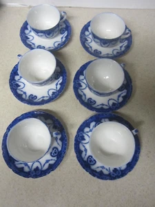 SET OF 6 CUP AND SAUCER FLOW BLUE CHINA GRINDLEY ENGLAND BISLEY - Picture 1 of 10