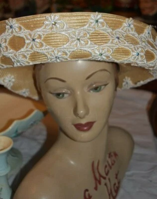 vintage jack mcconnell boutique white lace rhinestone beige straw hat pretty - Image 1 of 4
