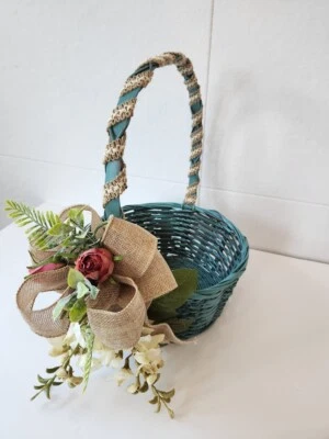 Decorative Blue Basket Centerpiece, Blue Basket with Burlap Bow & Flowers - Image 1 of 4