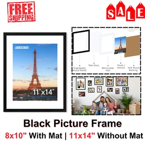 11x14in Black Picture Frame - HD Plexiglass, Wall Mount, 8x10in Mat or Full Size - Picture 1 of 8