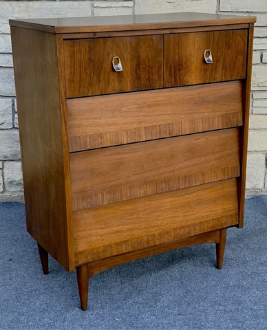 Mid Century Danish Modern Walnut & Brass Highboy 4 Drawer Chest Dresser Cover