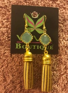 Viva Earrings Blue Green Stone With Gold Color Tassels - Picture 1 of 3