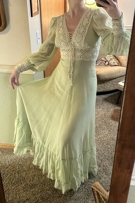 Maxi Vestido Vintage Años 70 Gunne Sax Estilo Transparente Romántico Verde Claro Foto 1 de 4