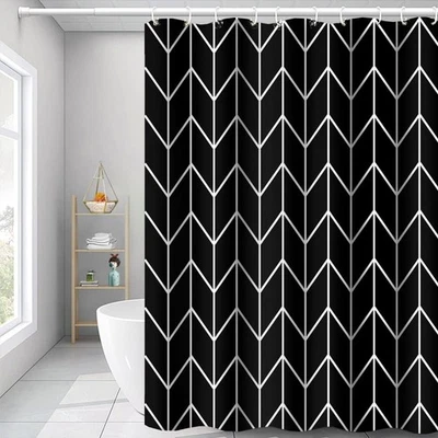 Cortina de Ducha 48x72 Negra, Blanca, Línea Geometría Abstracta, Ganchos, Impermeable Foto 1 de 4