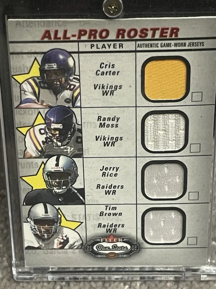 Cris Carter/RANDY MOSS/J RICE/Brown 2002 Fleer Box Score All Pro Quad GU 球衣 — 第 1/4 张图片