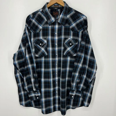 Plains Western Wear Long Sleeve Pearl Snap Shirt Men's 3XLT Black Blue Plaid - Image 1 of 4