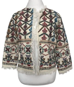 Zara Knit Floral Embroidered Beaded Fringe Hem Jacket Boxy Blazer Medium Cotton - Picture 1 of 14